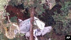 Puing-puing pesawat kargo kecil Rimbun Air terlihat dari helikopter penyelamat di gunung dekat Intan Jaya, provinsi Papua, Indonesia, Rabu, 15 September 2021. (BASARNAS via AP)