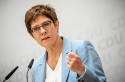 Annegret Kramp-Karrenbauer, German Minister of Defense, speaks at a news conference in Berlin, Germany, June 8, 2020.