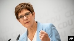 Annegret Kramp-Karrenbauer, Christian Democratic Union, CDU, party chairwoman and German Minister of Defense, speaks at a news conference following a CDU leaders meeting at the headquarters in Berlin, Germany, June 8, 2020.