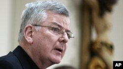 FILE - Archbishop John Nienstedt addresses a news conference, Jan. 16, 2015, in St. Paul, Minnesota. 