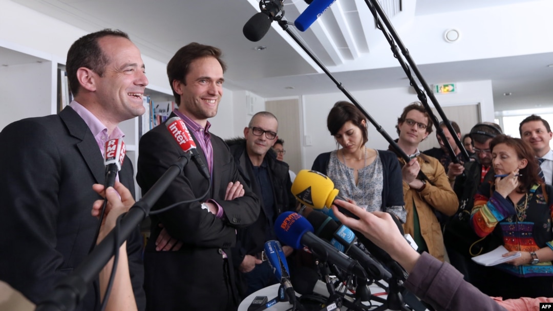 (From L) Romain Striffing, brother of Albane Moulin-Fournier, and Nicolas Moulin-Fournier, brother of Tanguy and Cyril Moulin-Fournier, speak to journalists in Paris, on April 19, 2013 after relase.