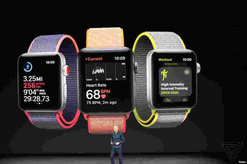 新一代智能手表Apple Watch Series 3亮相，新手表内置通信功能，也能够在不需要手机的情况下串流Apple Music的4000万首歌曲。新一代的电视串流盒Apple TV 4K现在也支持高动态范围的4K规格播放。