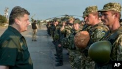 El presidente Petro Poroshenko inspecciona las fuerzas ucranianas en el puerto de Mariupol, Ucrania.