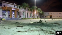 Damage on the concreate, from an air strike earlier in the day, is seen at a Military College in Al-Hadaba region in the capital Tripoli, on Jan. 4, 2020.