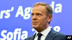 European Council President Donald Tusk speaks during a media conference prior to an EU-Western Balkans summit at the National Palace of Culture in Sofia, Bulgaria, May 16, 2018. 
