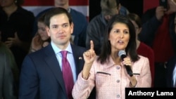 FILE - Gov. Nikki Haley, R-South Carolina, campaigns with Republican presidential candidate Sen. Marco Rubio, R-Florida, in Greenville, South Carolina, Feb. 18, 2016. 