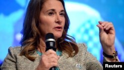 FILE - Co-Chair of the Bill & Melinda Gates Foundation Melinda Gates makes remarks during a panel discussion on investing in adolescents to improve nutrition, education, etc as part of the IMF and World Bank's 2017 Annual Spring Meetings, in Washington, April 20, 2017.