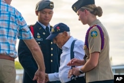 FILE - Pearl Harbor survivor Harry Chandler of Tequesta, Florida, attends the 82nd Pearl Harbor Remembrance Day ceremony at Pearl Harbor in Honolulu, Dec. 7, 2023.