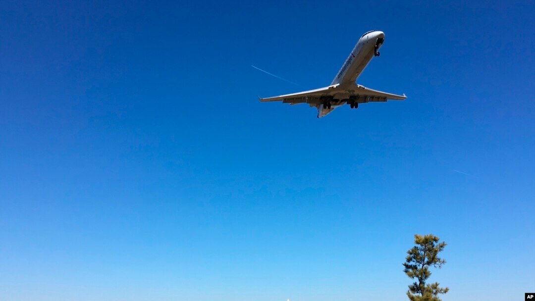 ARCHIVO - En esta fotografía del 26 de enero de 2018, la gente observa un avión de pasajeros volar sobre Gravelly Point Park cuando aterriza en el Aeropuerto Ronald Reagan National de Washington.