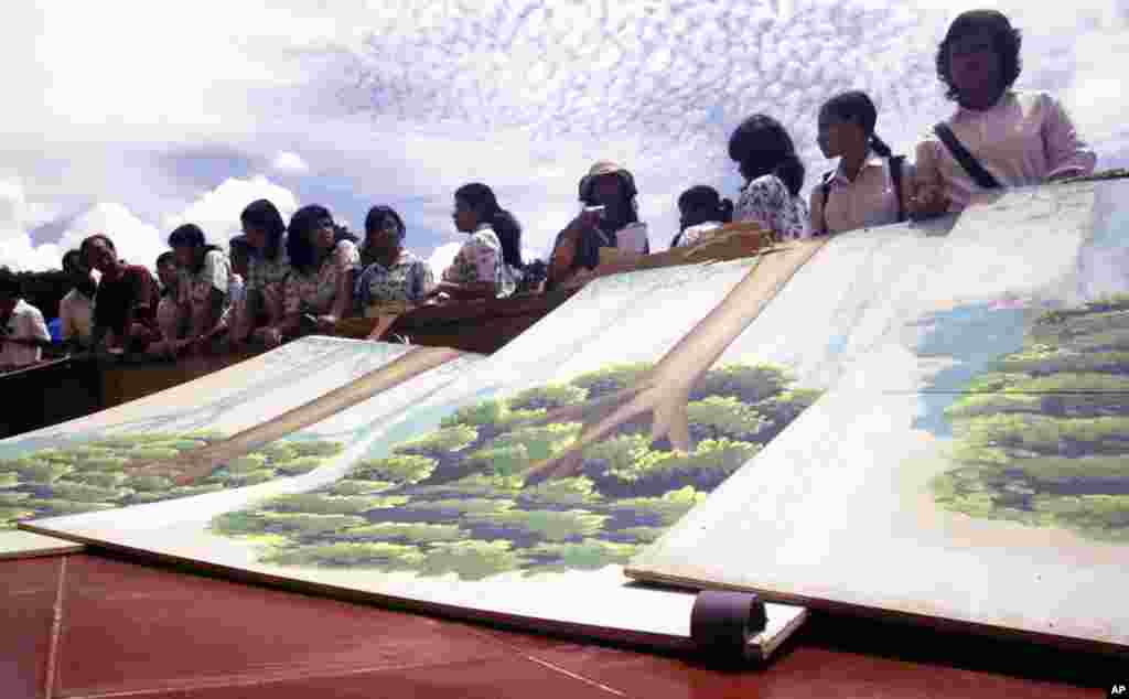 在雅加达的一次反破坏森林示威期间，印尼学生望着被绿色和平活动人士锯断的象征印尼森林的木墙。