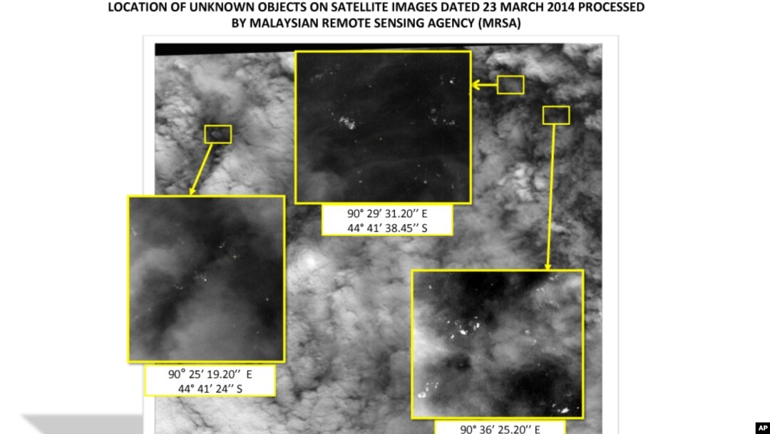 This graphic released by the Malaysian Remote Sensing Agency on Wednesday March 26, 2014, shows satellite imagery taken on March 23, 2014, with the approximate positions of objects seen floating in the southern Indian Ocean.