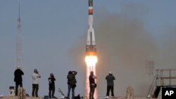 The Soyuz-FG rocket booster with Soyuz MS-10 space ship carrying a new crew to the International Space Station, ISS, blasts off at the Russian leased Baikonur cosmodrome, Kazakhstan, Oct. 11, 2018. 