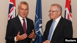 Australian Prime Minister Scott Morrison meets with Jens Stoltenberg, secretary-general of NATO, at the Commonwealth Parliamentary Offices in Sydney, Australia, August, 7, 2019. 