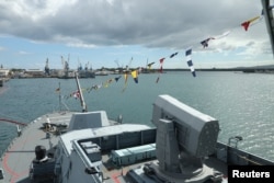 FILE - A view of the German FGS Baden-Wurttemberg during the Rim of the Pacific military exercises at Joint Base Pearl Harbor-Hickam, Hawaii, July 3, 2024. The German naval vessel is now en route from South Korea to the Philippines via the South China Sea.