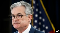 Kepala Federal Reserve, Jerome Powell, dalam sebuah konferensi pers di Washington, 3 Maret 2020. 