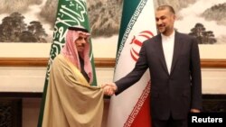 Iranian Foreign Minister Hossein Amir-Abdollahian meets with Saudi Arabia's Foreign Minister Prince Faisal bin Farhan Al Saud in Beijing, China, April 6, 2023. (West Asia News Agency/Handout via Reuters)