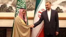 Iranian Foreign Minister Hossein Amir-Abdollahian meets with Saudi Arabia's Foreign Minister Prince Faisal bin Farhan Al Saud in Beijing, China, April 6, 2023. (West Asia News Agency/Handout via Reuters)