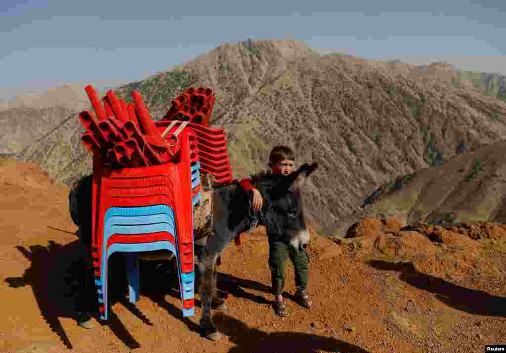 An Afghan boy stands with a donkey loaded with election material, to be transported to polling stations which are not accessible by road, in Shutul, Panjshir province, Afghanistan.