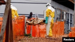 Petugas membawa seorang penderita ebola baru di pusat perawatan ebola Butembo, Kongo timur (foto: dok). 