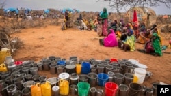 FILE - People wait for food and water to be distributed in the Werder zone of Ethiopia's Somali region, Jan. 28, 2017.