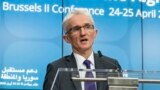 FILE - U.N. Under-Secretary-General for Humanitarian Affairs and Emergency Relief Coordinator Mark Lowcock addresses the media at a EU Council meeting in Brussels, April 25, 2018. 