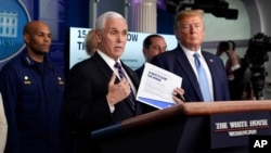 FILE - Vice President Mike Pence speaks as President Donald Trump listens during a press briefing with the coronavirus task force, at the White House, March 16, 2020, in Washington.