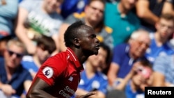 Sadio Mane célèbre son but contre Leicester City, Angleterre, le 1er septembre 2018