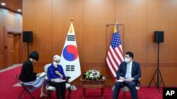 U.S. Deputy Secretary of State Wendy Sherman, second from left, talks to journalists as South Korean First Vice Foreign Minister Choi Jong Kun listens after their meeting at the Foreign Ministry in Seoul, South Korea, July 23, 2021.