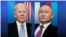 Joe Biden, as US President, and Vladimir Putin, as Russia President (l-r), during a meeting at Villa la Grange', Geneva, Switzerland, on flag texture, partial graphic