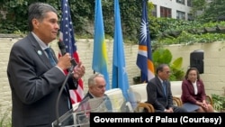 Palauan President Surangel Whipps Jr. speaks at the signing of the United States' federal service agreement with his country in New York on Sept. 24, 2024.