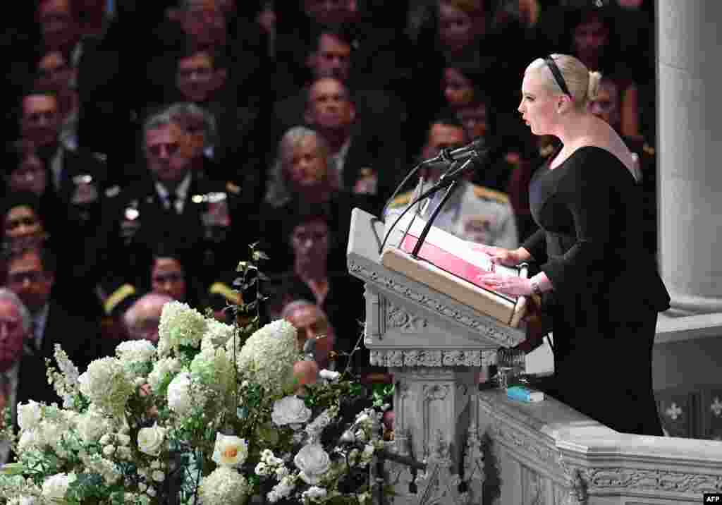 Meghan McCain, daughter of US Senator John McCain, speaks during a memorial service for her father at the Washington National Cathedral in Washington, DC,