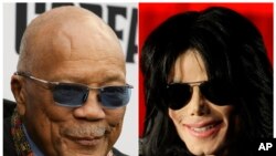 This combination photo shows Quincy Jones at the world premiere of "Black Godfather" in Los Angeles on June 3, 2019, left, and Michael Jackson at a press conference in London on March 5, 2009. 