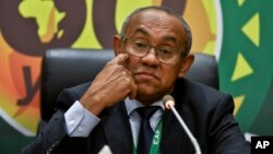 FILE - Confederation of African Football President Ahmad Ahmad speaks at a press conference in Addis Ababa, Ethiopia, March 16, 2017.