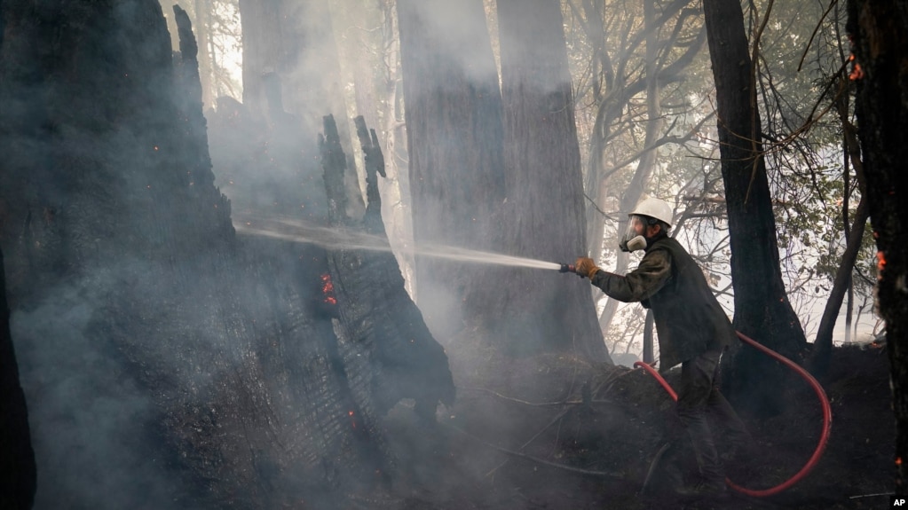 Jesse Katz joins the firefighting effort as a civilian volunteer battling the CZU August Lightning Complex Fire, Friday, Aug. 21, 2020, in Bonny Doon, Calif. (AP Photo/Marcio Jose Sanchez)