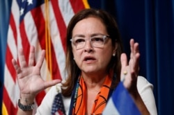 El Salvador Foreign Affairs Minister Alexandra Hill speaks during a news conference at the U.S. Customs and Border Protection headquarters in Washington, Sept. 20, 2019.
