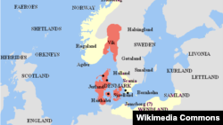 Wilayah kekuasaan Raja Harrald Bluetooth (warna merah) yang sekarang meliputi negara Denmark, Jerman utara, Swedia selatan dan sebagian Norwegia. (Foto: Wikipedia)