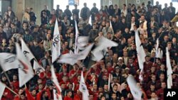 Supporters of the Democratic Party of Kosovo waving party flags participate in election campaign rally in the town of Urosevac, 09 Dec 2010