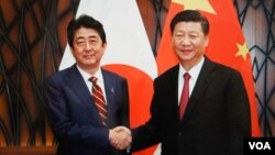 11月11日习近平在越南与安倍会谈前笑容握手（日本首相官邸档案图片）