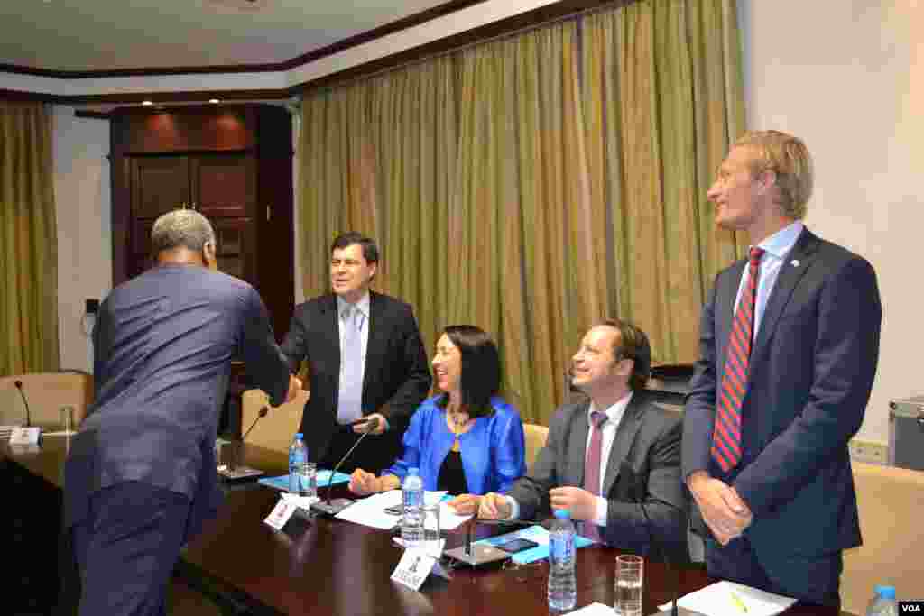 In Abuja, council members from (left to right) Uruguay, the United States, Ukraine and Sweden are greeted by Foreign Minister Geoffrey Onyeama before meeting Acting President Oluyemi Oluleke Osinbajo. (M. Besheer/VOA)