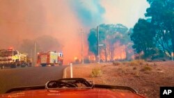 Petugas pemadam kebakaran berupaya memadamkan api di Wooroloo, dekat Perth, Australia, Senin, 1 Februari 2021. (Greg Bell/DFES via AP)