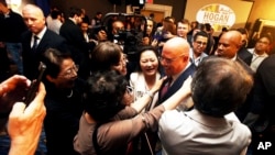 Former Maryland Governor Larry Hogan celebrates after the Hogan for Maryland Primary Night Victory Party, Tuesday, May 14, 2024, in Annapolis, Md.