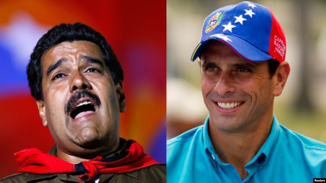 Nicolás Maduro (kiri) dan Henrique Capriles, kandidat presiden Venezuela dalam pemilihan presiden pengganti mendiang Hugo Chaves, Minggu (14/4).