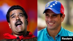 Nicolás Maduro (kiri) dan Henrique Capriles, kandidat presiden Venezuela dalam pemilihan presiden pengganti mendiang Hugo Chaves, Minggu (14/4).