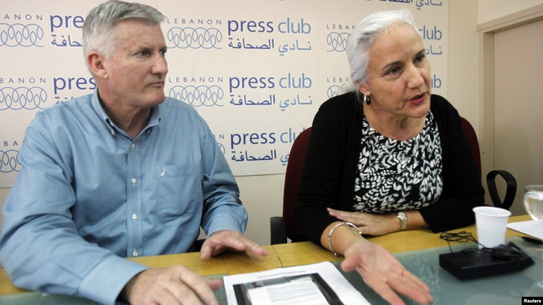Debra, right, and Marc Tice, parents of Austin Tice, a journalist who has been missing in Syria since August this year, answer questions from journalists at the Press Club in Beirut, November 12, 2012.