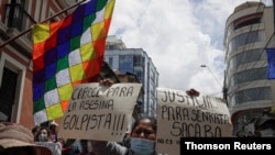 Protest demanding jail for Bolivia's former interim President Anez, in La Paz, March 14, 2021.