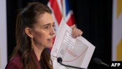 FILE - New Zealand's Prime Minister Jacinda Ardern briefs the media at the Parliament House in Wellington, April 27, 2020. 