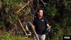 Koresponden VOA, Steve Herman sebelum pelepasan ular sanca Myanmar, Petchaburi, Thailand