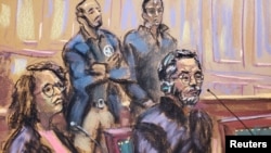 法庭素描画显示被控欺诈罪的流亡中国商人郭文贵在纽约的联邦法庭出庭。(2023年3月15日)