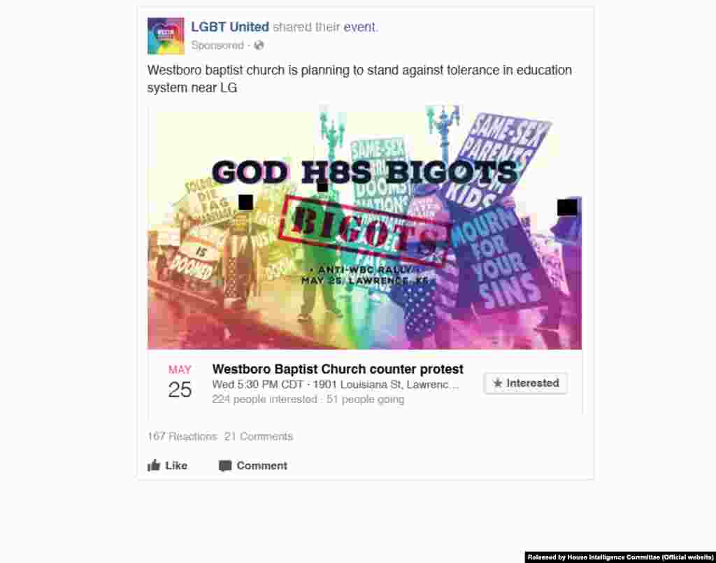 Facebook reklamı. 12 may, 2016; Hədəflənən yaş: 14-65+; Hədəflənən məkan: Kanzas