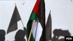 Para aktivis "Viva Palestina" mengibarkan bendera Palestina dalam konferensi pers di Kairo, Mesir (foto dokumentasi).